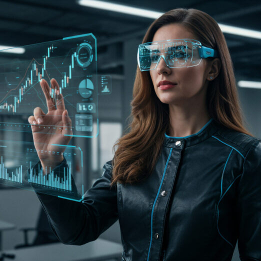 frau-benutzt-eine-futuristische-schnittstelle-im-buro